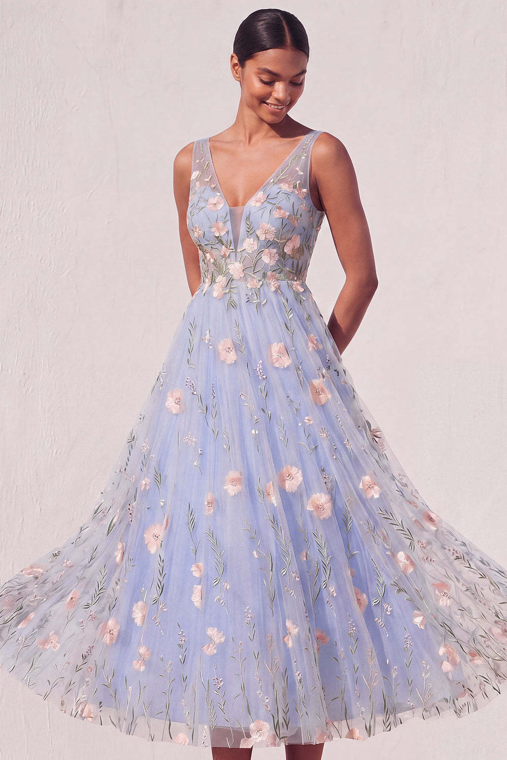 Light Blue Floral A Line Appliqued Midi Wedding Guest Dress