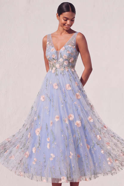 Light Blue Floral A Line Appliqued Midi Wedding Guest Dress