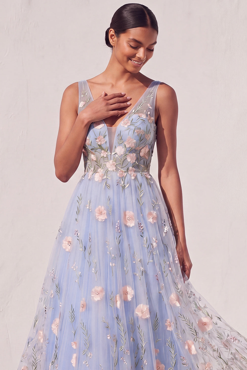 Light Blue Floral A Line Appliqued Midi Wedding Guest Dress