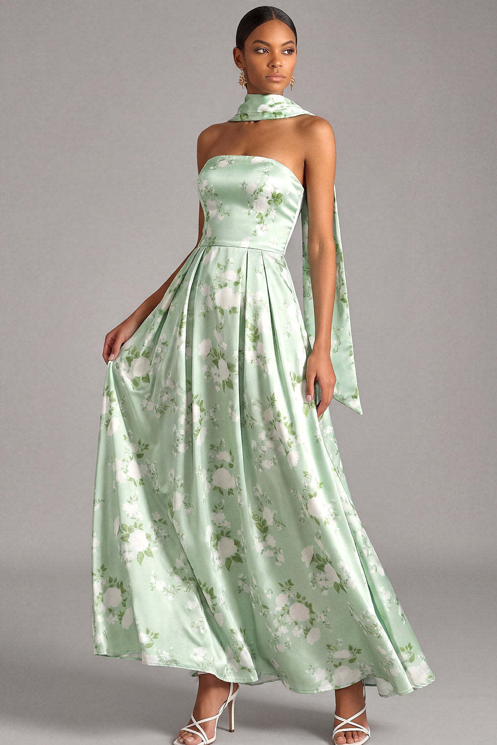 Leely Women Light Green Floral A Line Maxi Wedding Guest Dress Strapless Neck Scarf Garden Party Dress