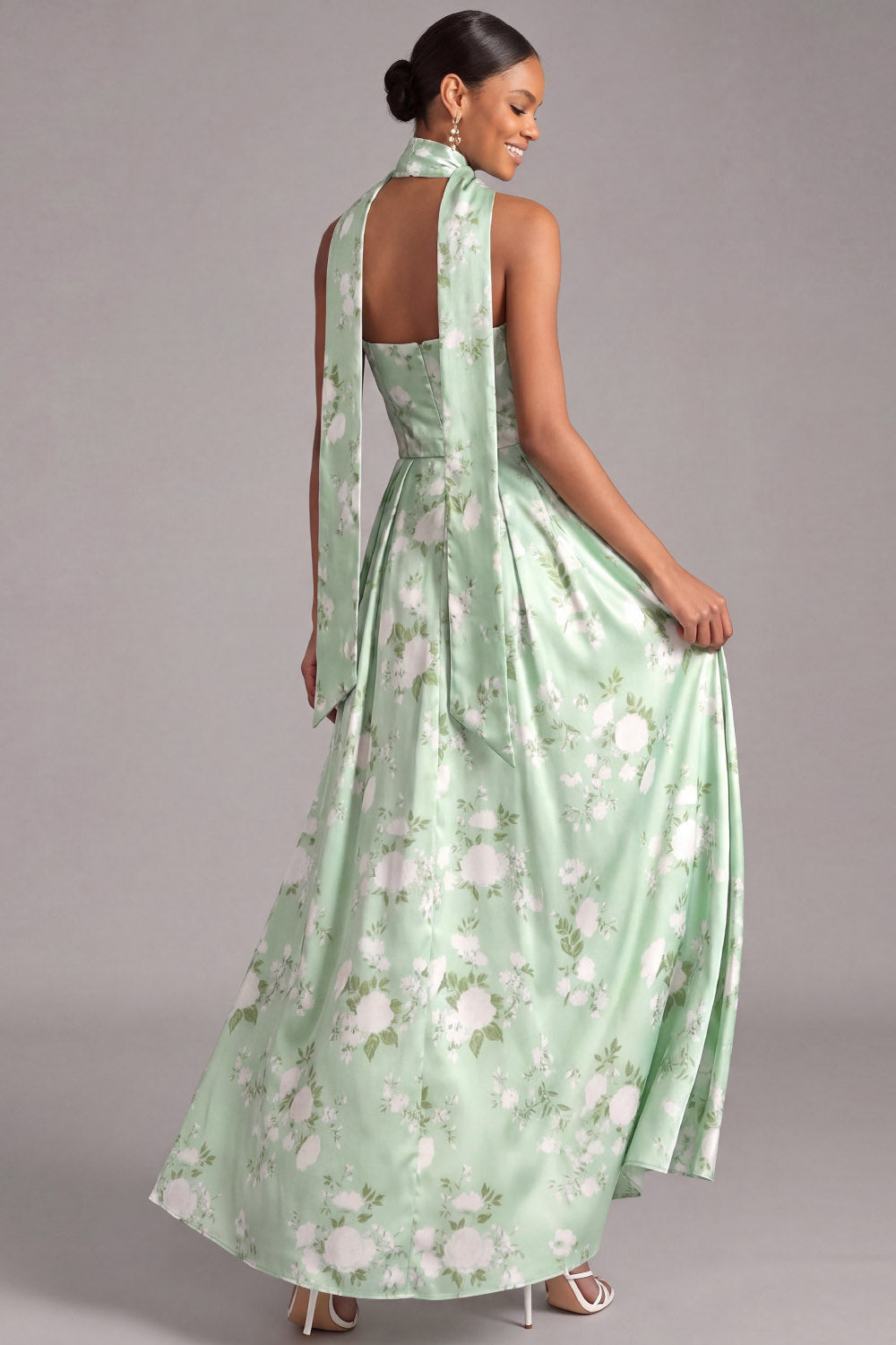 Light Green Maxi A Line Floral Neck Scarf Strapless Wedding Guest Dress