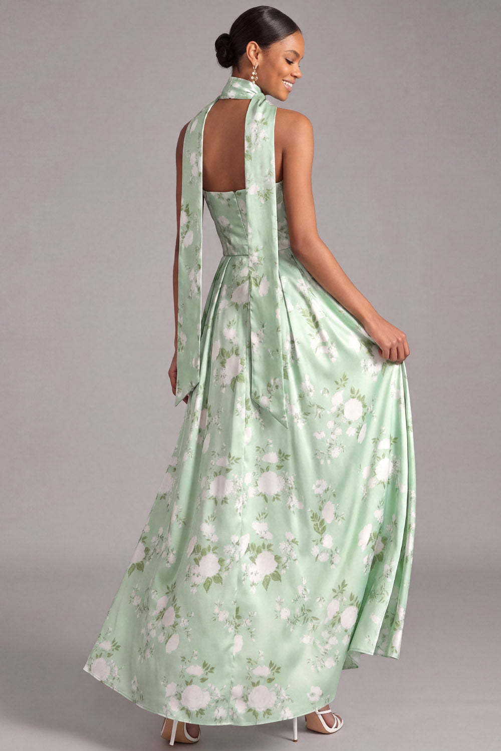 Light Green Maxi A Line Floral Neck Scarf Strapless Wedding Guest Dress
