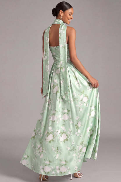Light Green Maxi A Line Floral Neck Scarf Strapless Wedding Guest Dress