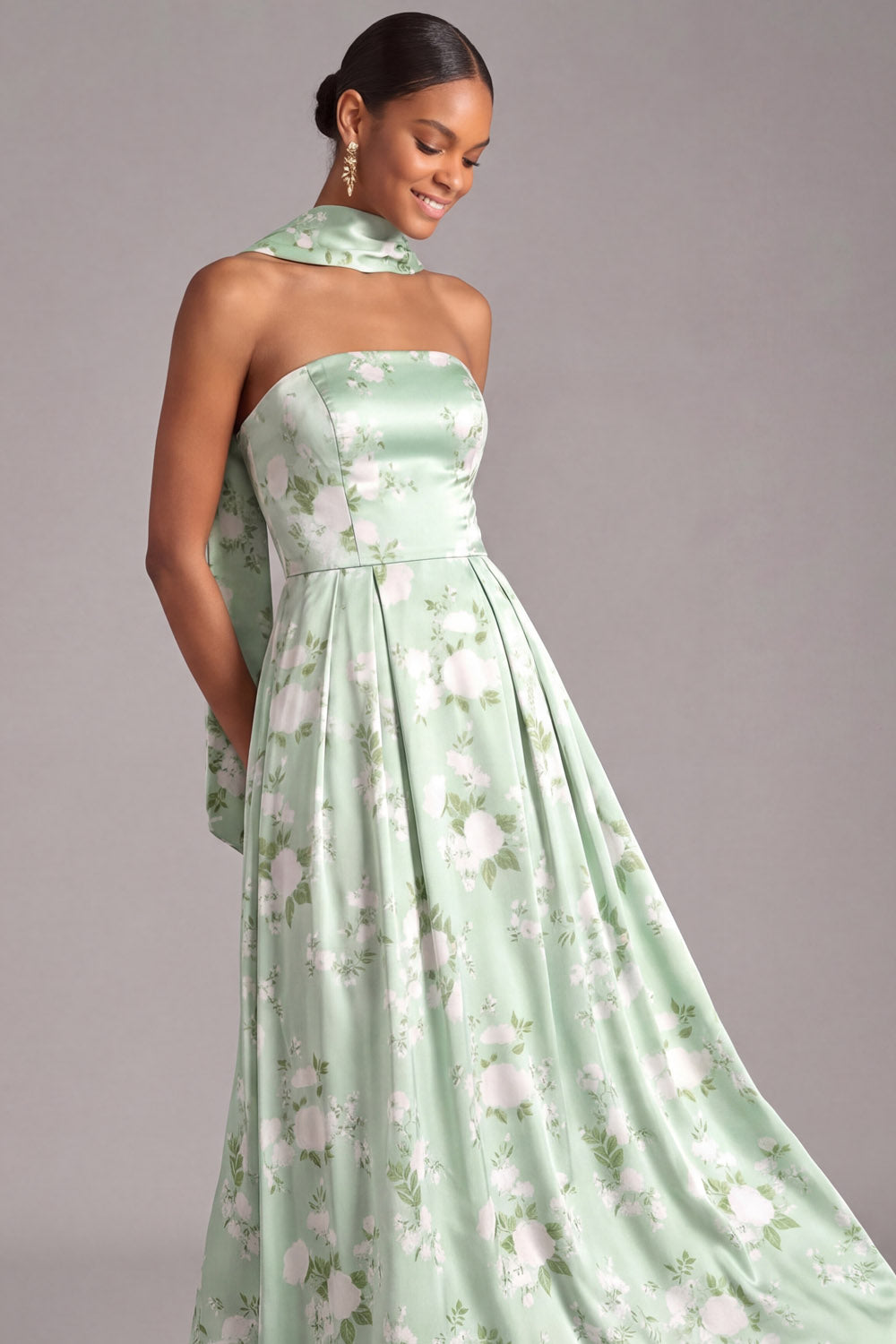 Light Green Maxi A Line Floral Neck Scarf Strapless Wedding Guest Dress