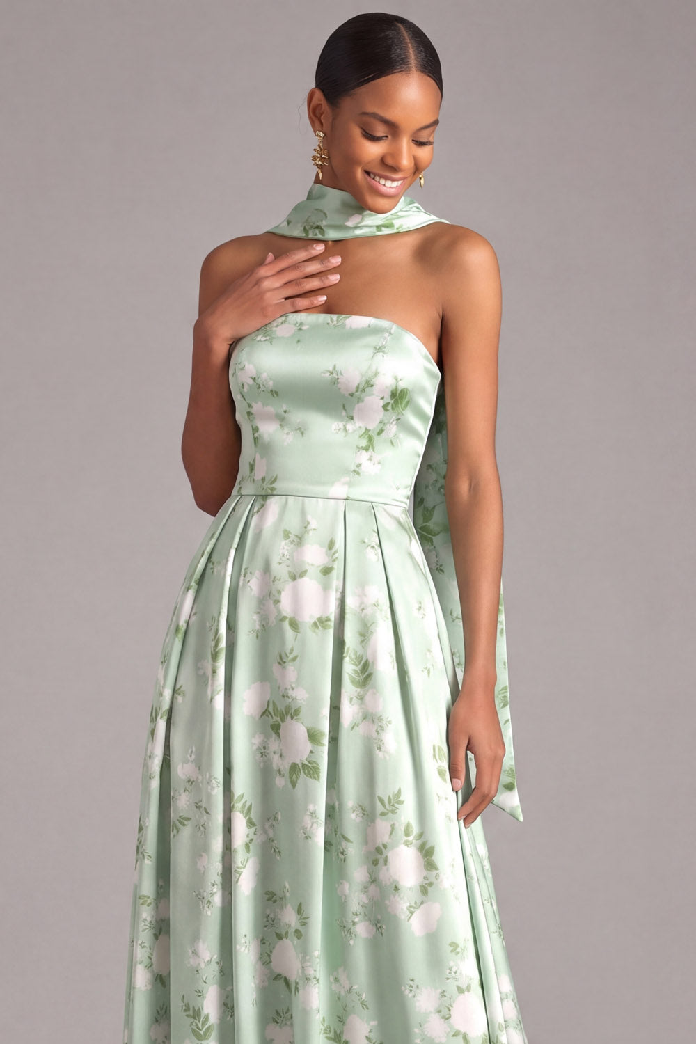 Light Green Maxi A Line Floral Neck Scarf Strapless Wedding Guest Dress