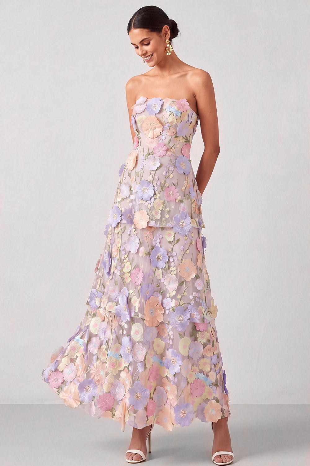 White Appliqued Maxi A Line Floral Strapless Tiered Wedding Guest Dress