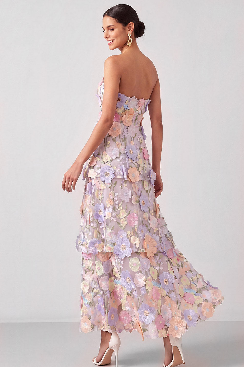 White Appliqued Maxi A Line Floral Strapless Tiered Wedding Guest Dress