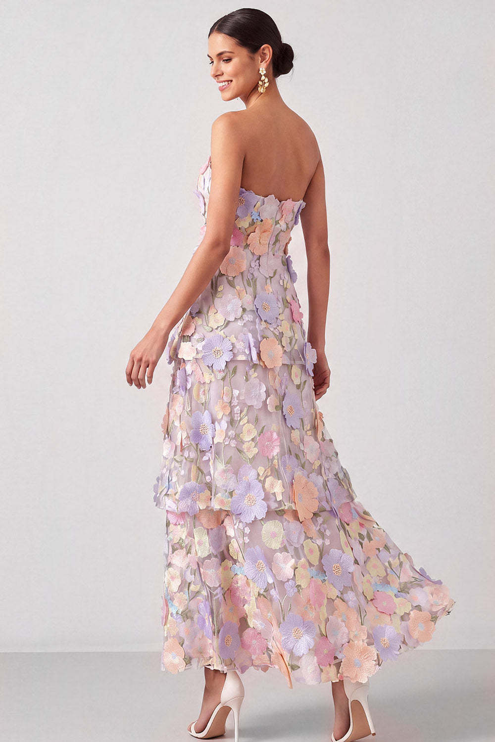 White Appliqued Maxi A Line Floral Strapless Tiered Wedding Guest Dress
