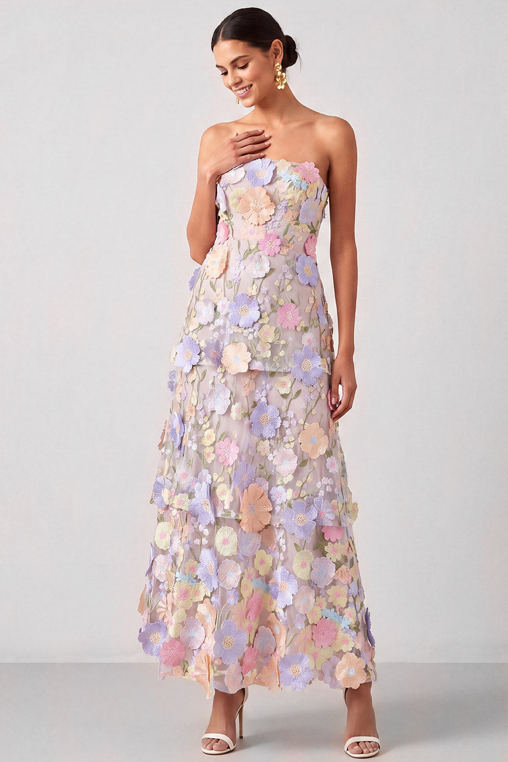 White Appliqued Maxi A Line Floral Strapless Tiered Wedding Guest Dress