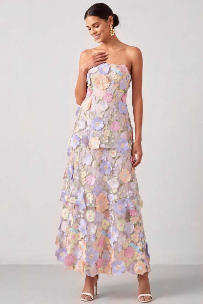 White Appliqued Maxi A Line Floral Strapless Tiered Wedding Guest Dress