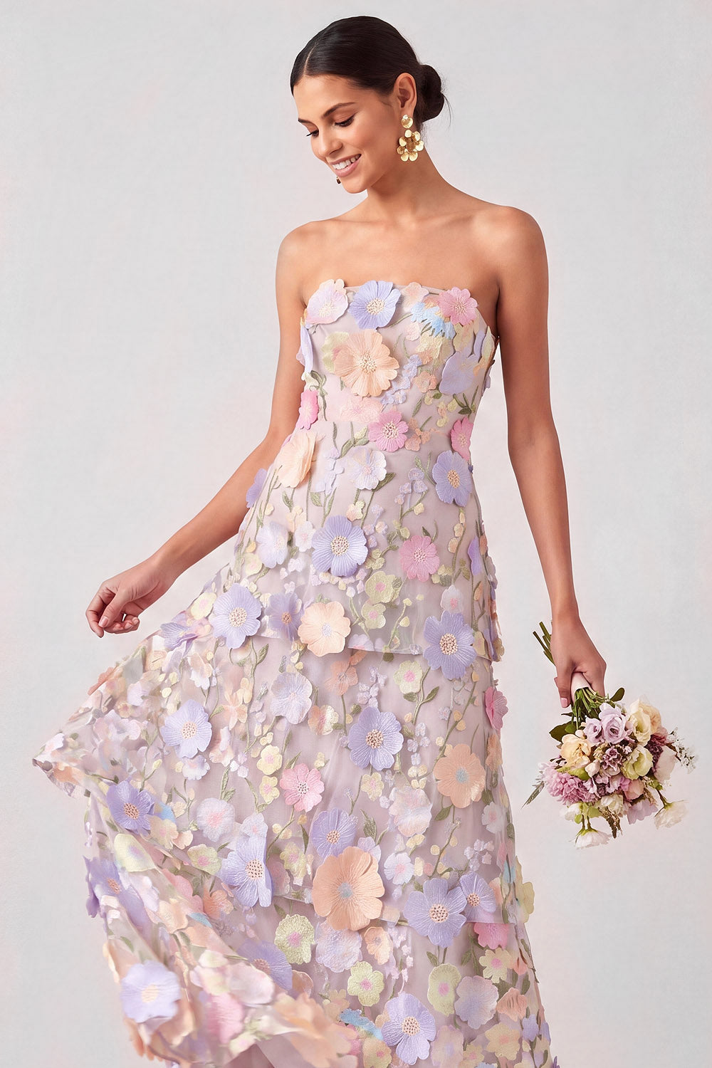 White Appliqued Maxi A Line Floral Strapless Tiered Wedding Guest Dress