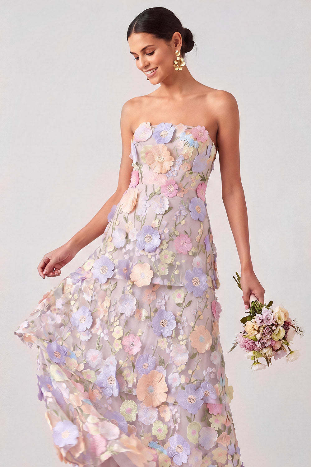 White Appliqued Maxi A Line Floral Strapless Tiered Wedding Guest Dress