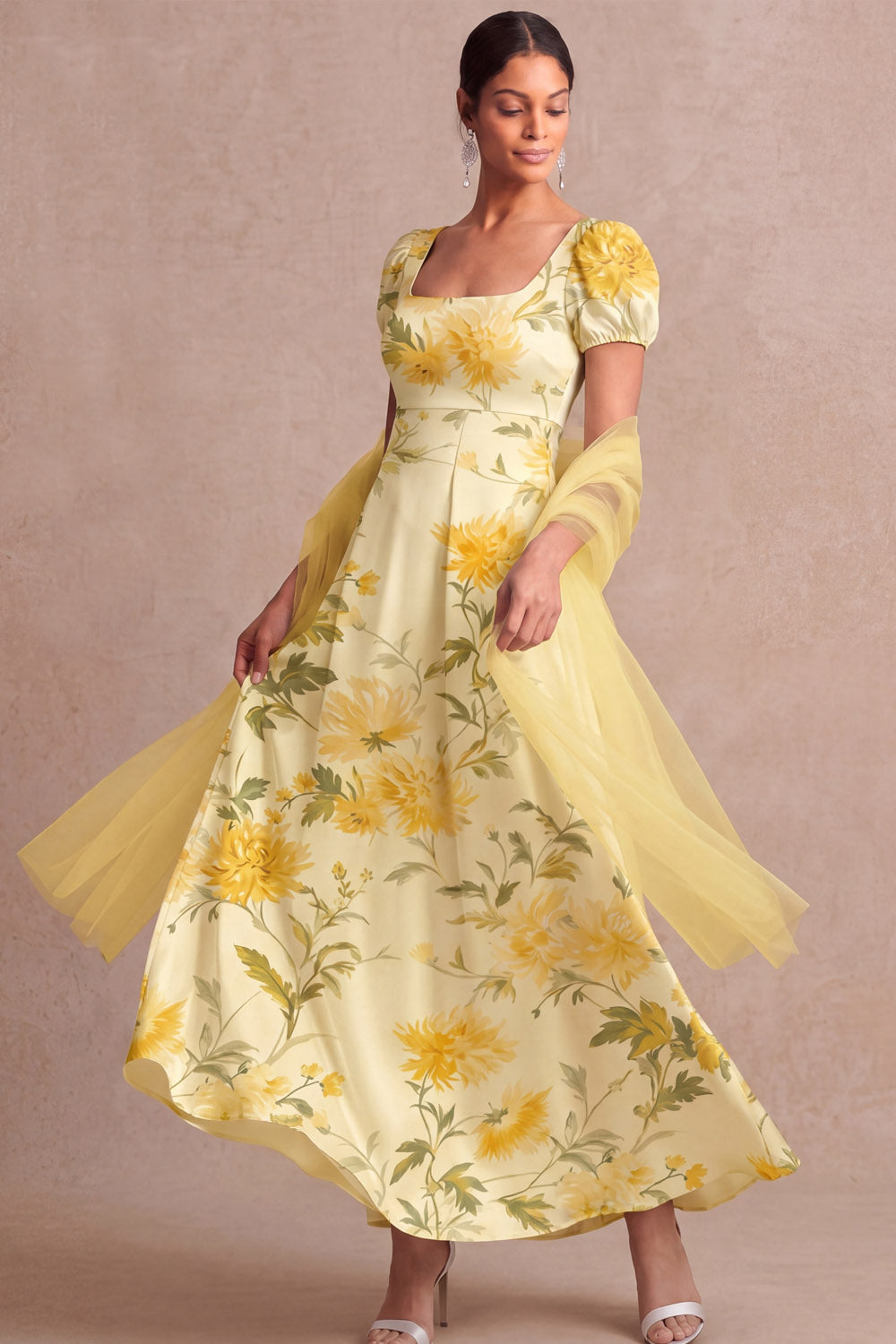Floral Light Yellow Puff Sleeves Long Wedding Guest Dress Square Neck A Line Garden Party Dress with Cape