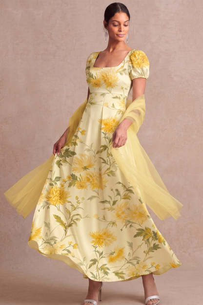 Floral Light Yellow Puff Sleeves Long Wedding Guest Dress Square Neck A Line Garden Party Dress with Cape