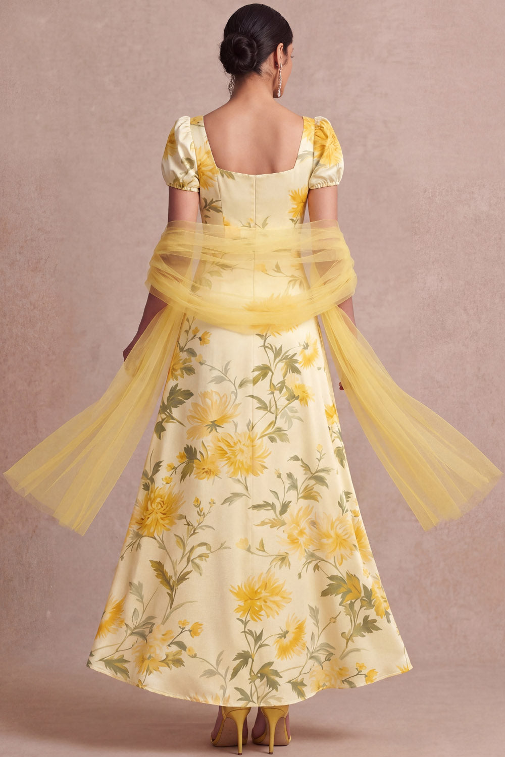 Floral Light Yellow Puff Sleeves Long Wedding Guest Dress