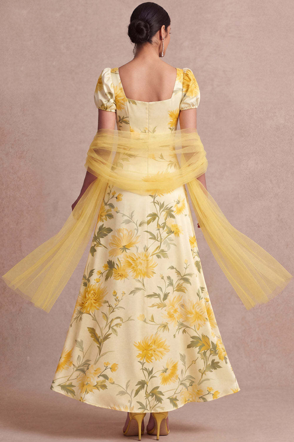 Floral Light Yellow Puff Sleeves Long Wedding Guest Dress