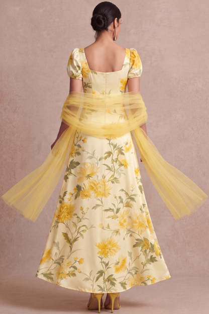 Floral Light Yellow Puff Sleeves Long Wedding Guest Dress