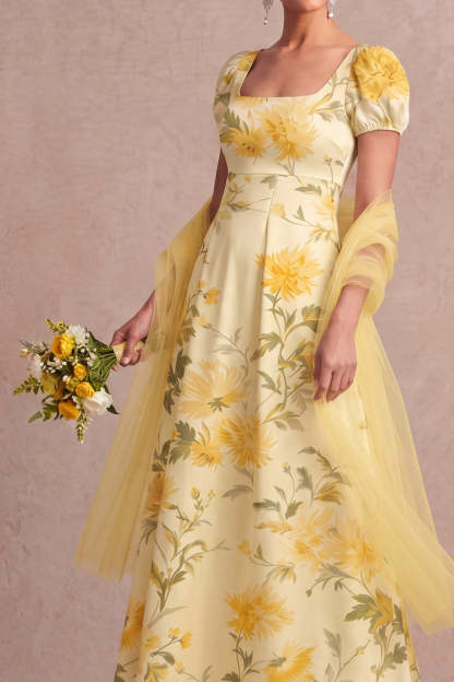 Floral Light Yellow Puff Sleeves Long Wedding Guest Dress