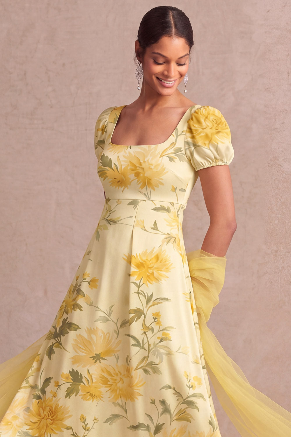 Floral Light Yellow Puff Sleeves Long Wedding Guest Dress