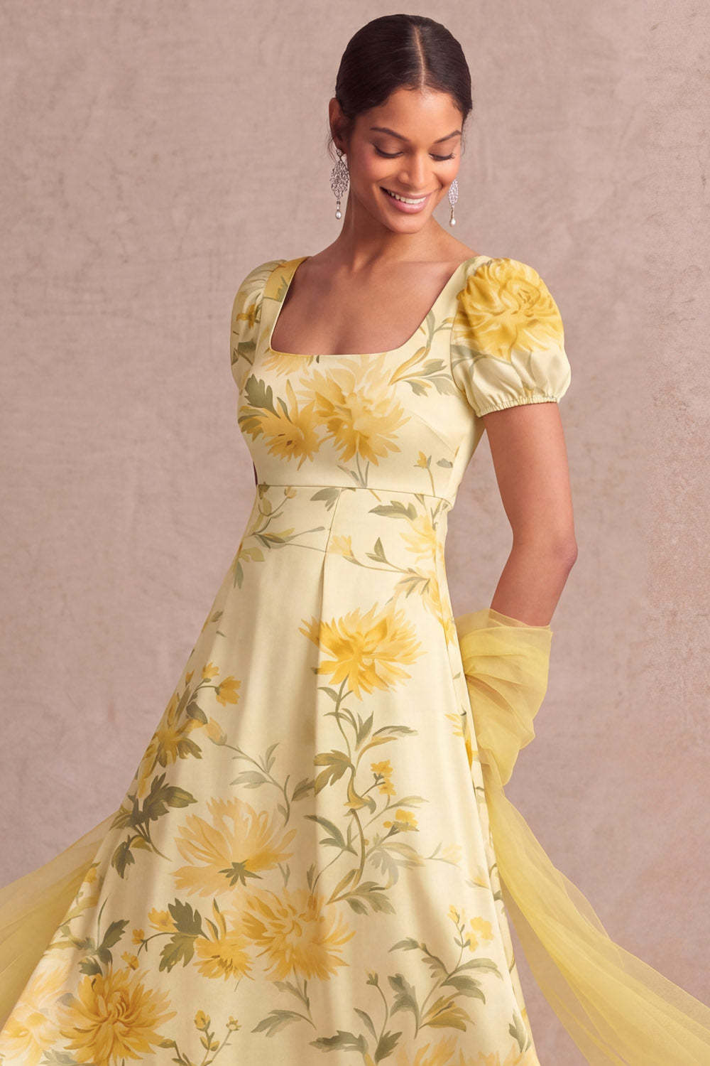 Floral Light Yellow Puff Sleeves Long Wedding Guest Dress