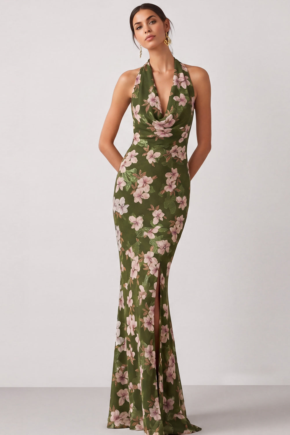Olive Cowl Neck Mermaid Maxi Floral Wedding Guest Dress with Slit