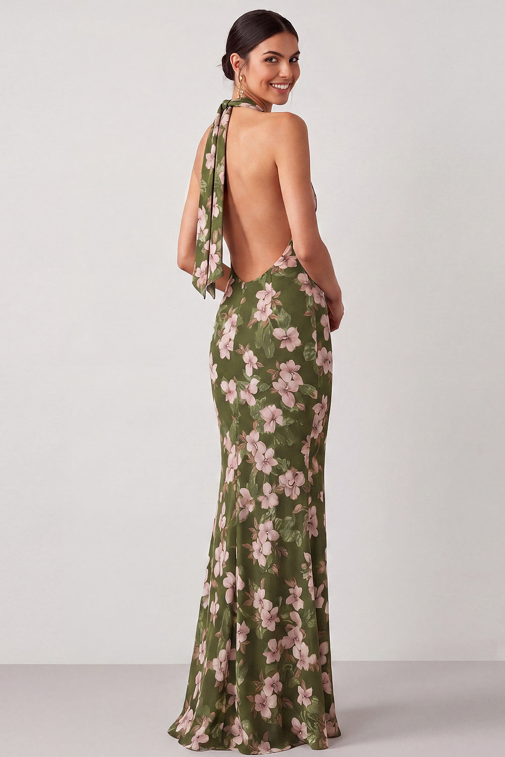 Olive Cowl Neck Mermaid Maxi Floral Wedding Guest Dress with Slit