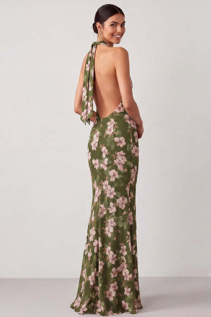 Olive Cowl Neck Mermaid Maxi Floral Wedding Guest Dress with Slit