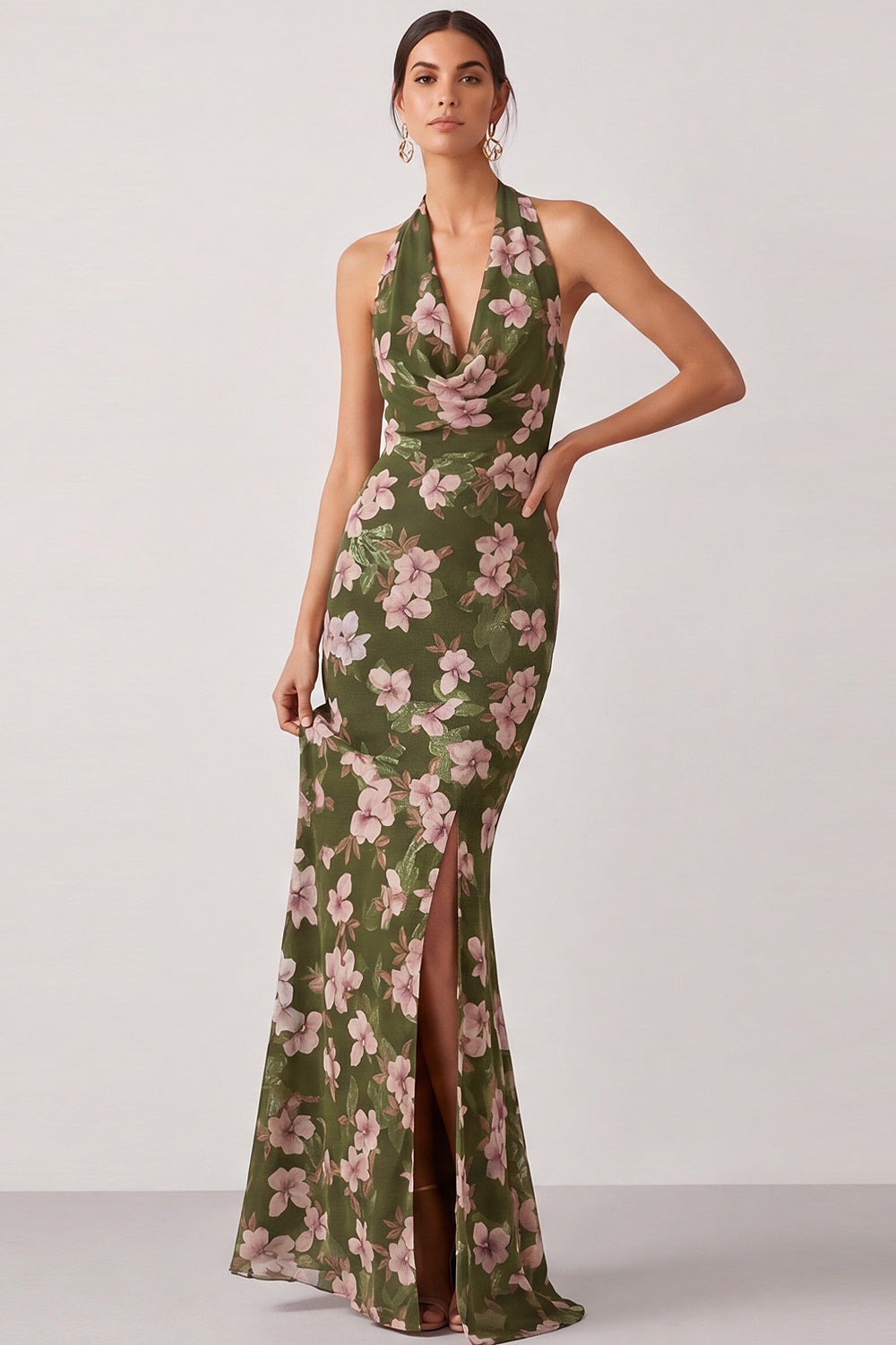 Olive Cowl Neck Mermaid Maxi Floral Wedding Guest Dress with Slit