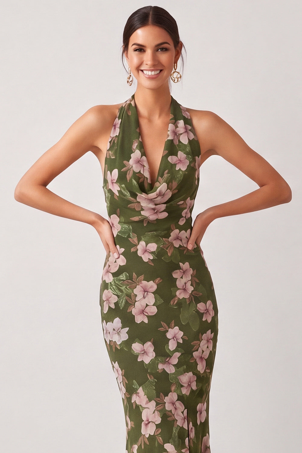 Olive Cowl Neck Mermaid Maxi Floral Wedding Guest Dress with Slit