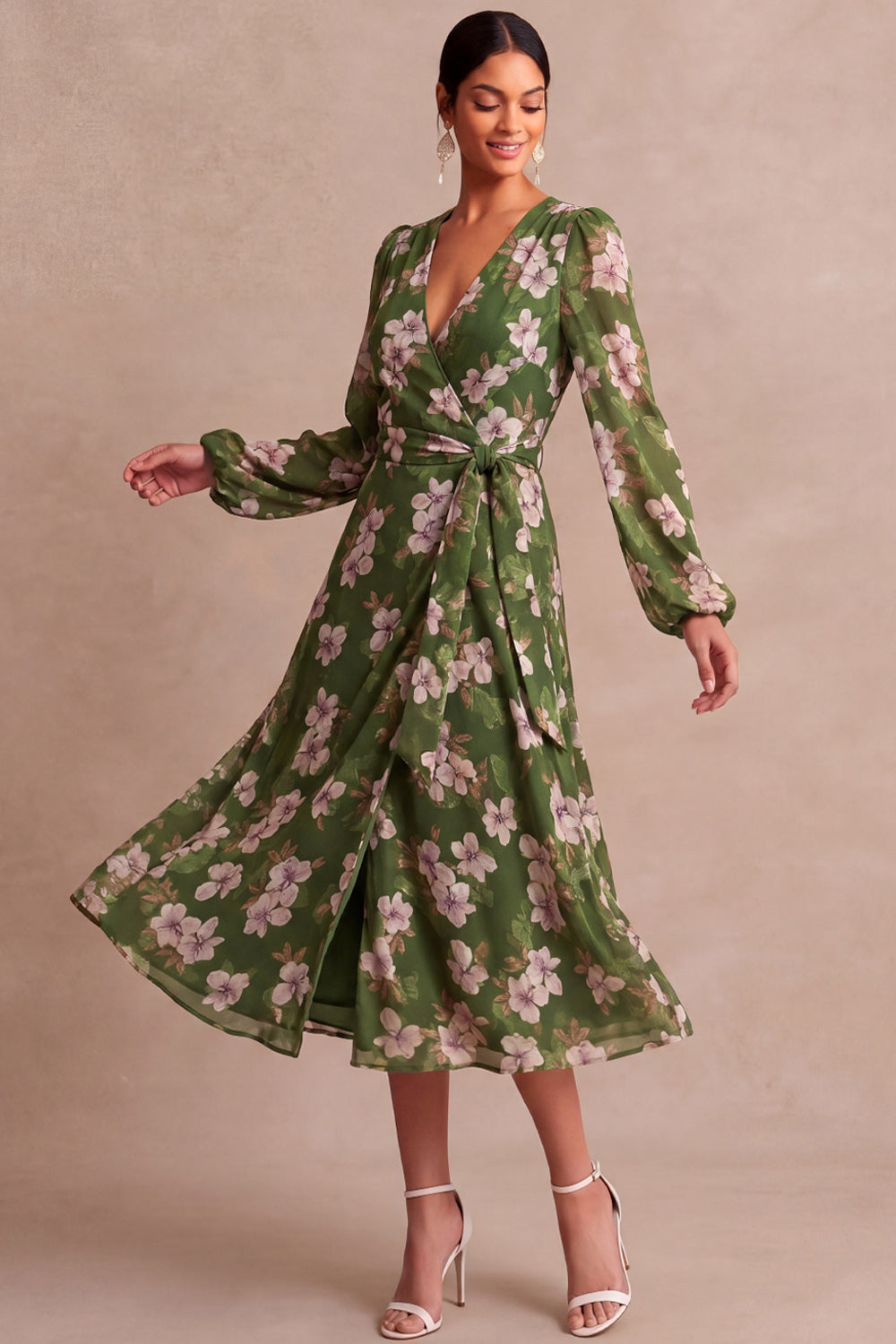 Leely Women Olive Floral A Line Midi Wedding Guest Dress Long Sleeves V Neck Garden Party Dress