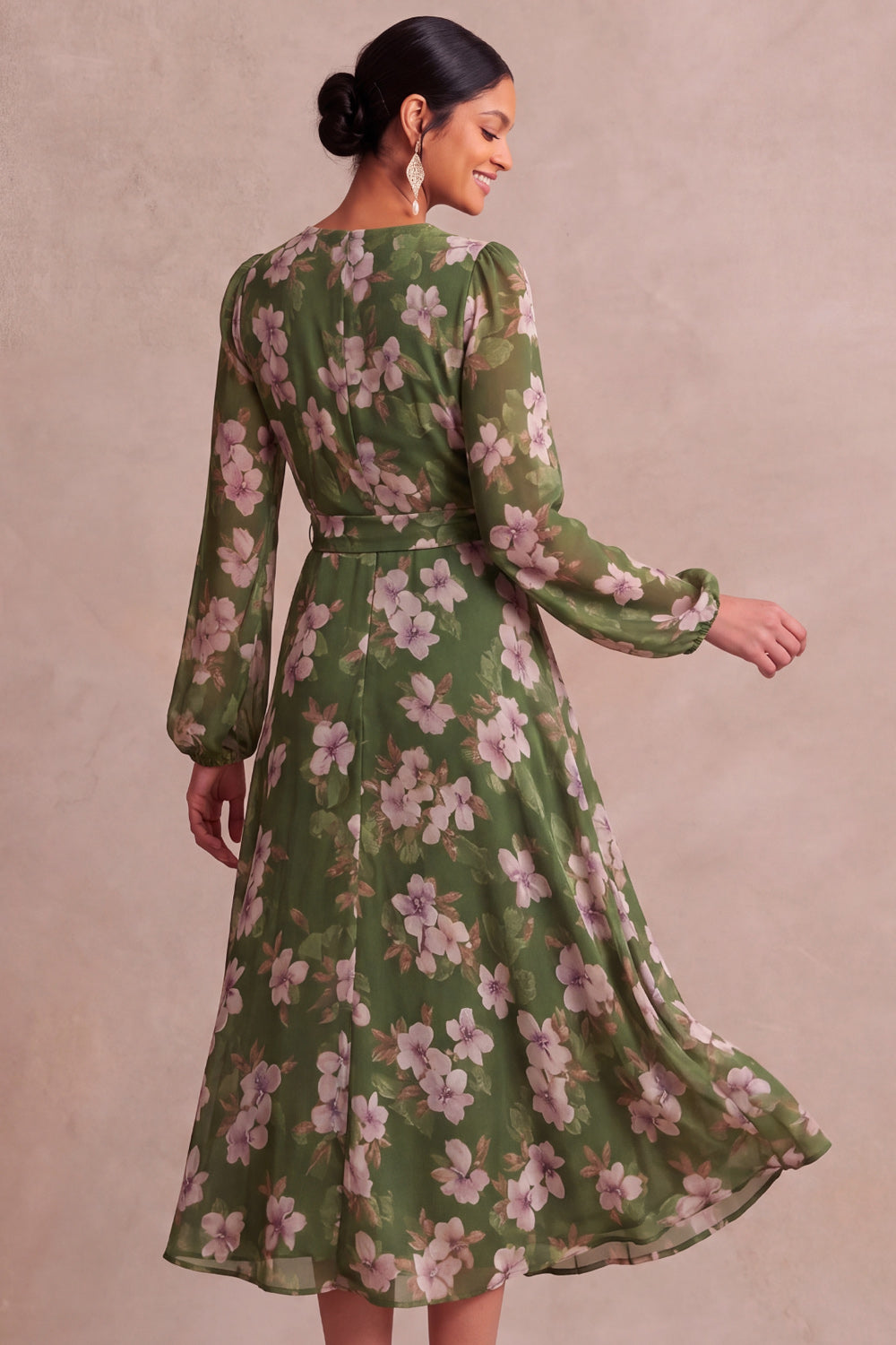 Olive Floral A Line V Neck Midi Wedding Guest Dress