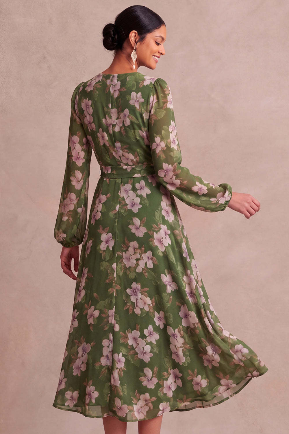 Olive Floral A Line V Neck Midi Wedding Guest Dress