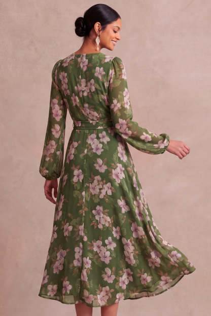 Olive Floral A Line V Neck Midi Wedding Guest Dress