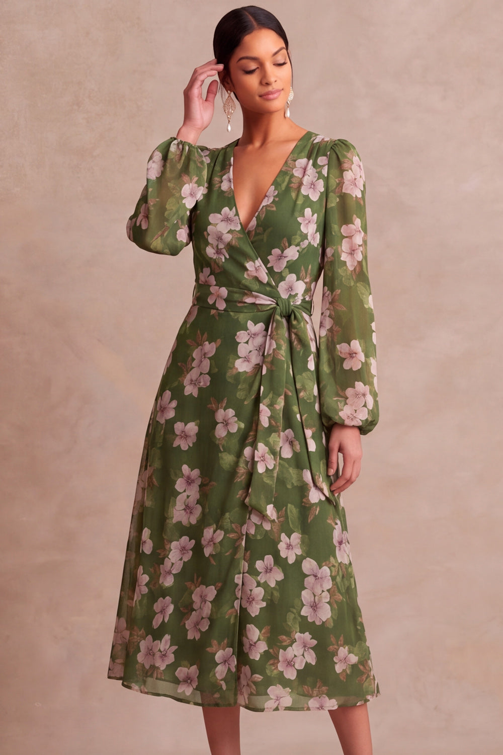 Olive Floral A Line V Neck Midi Wedding Guest Dress