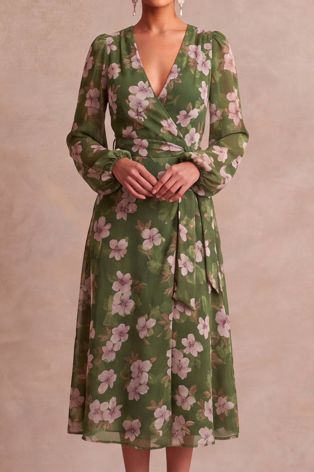 Olive Floral A Line V Neck Midi Wedding Guest Dress