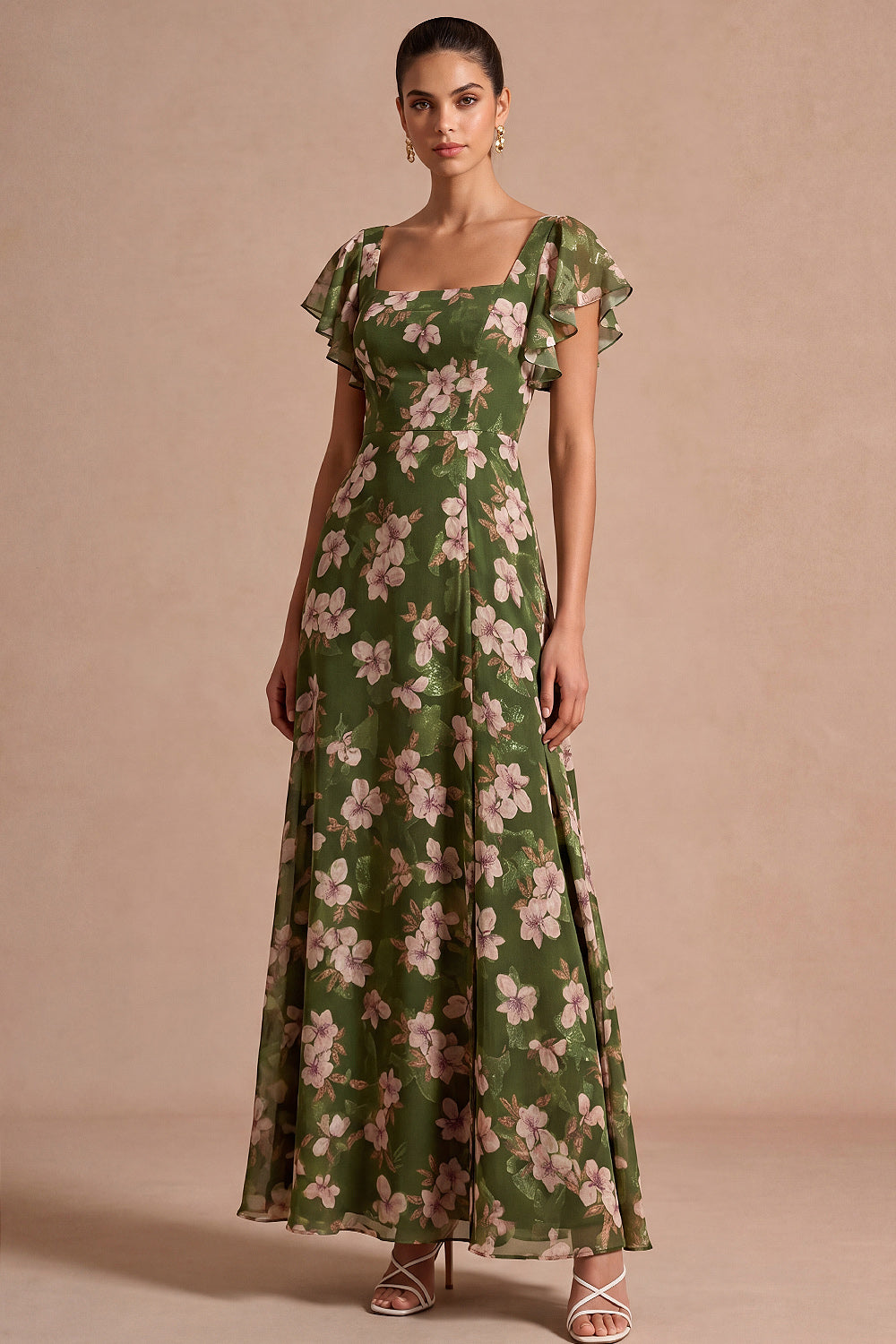 Floral A Line Olive Square Neck Long Wedding Guest Dress