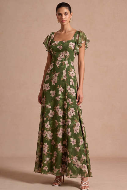 Leely Women Floral A Line Olive Square Neck Long Wedding Guest Dress Flutter Sleeves Backless Garden Party Dress