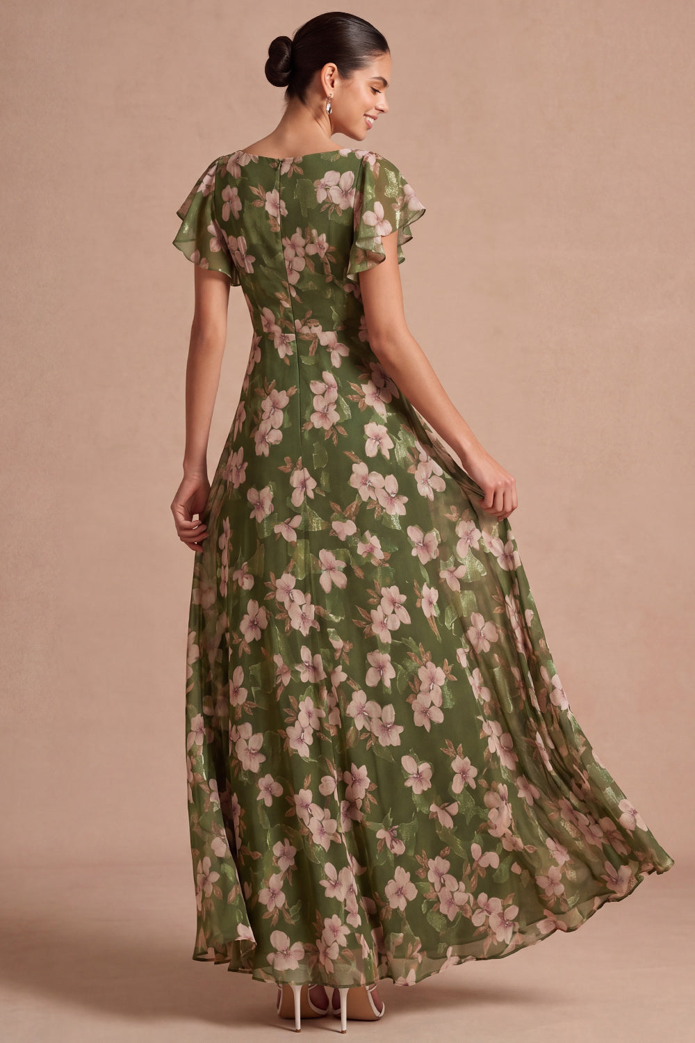 Floral A Line Olive Square Neck Long Wedding Guest Dress