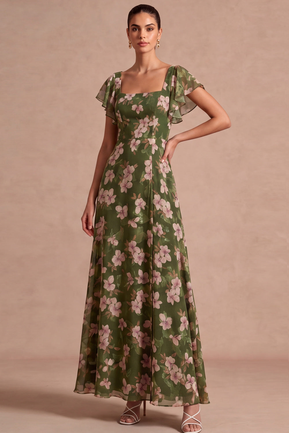 Floral A Line Olive Square Neck Long Wedding Guest Dress