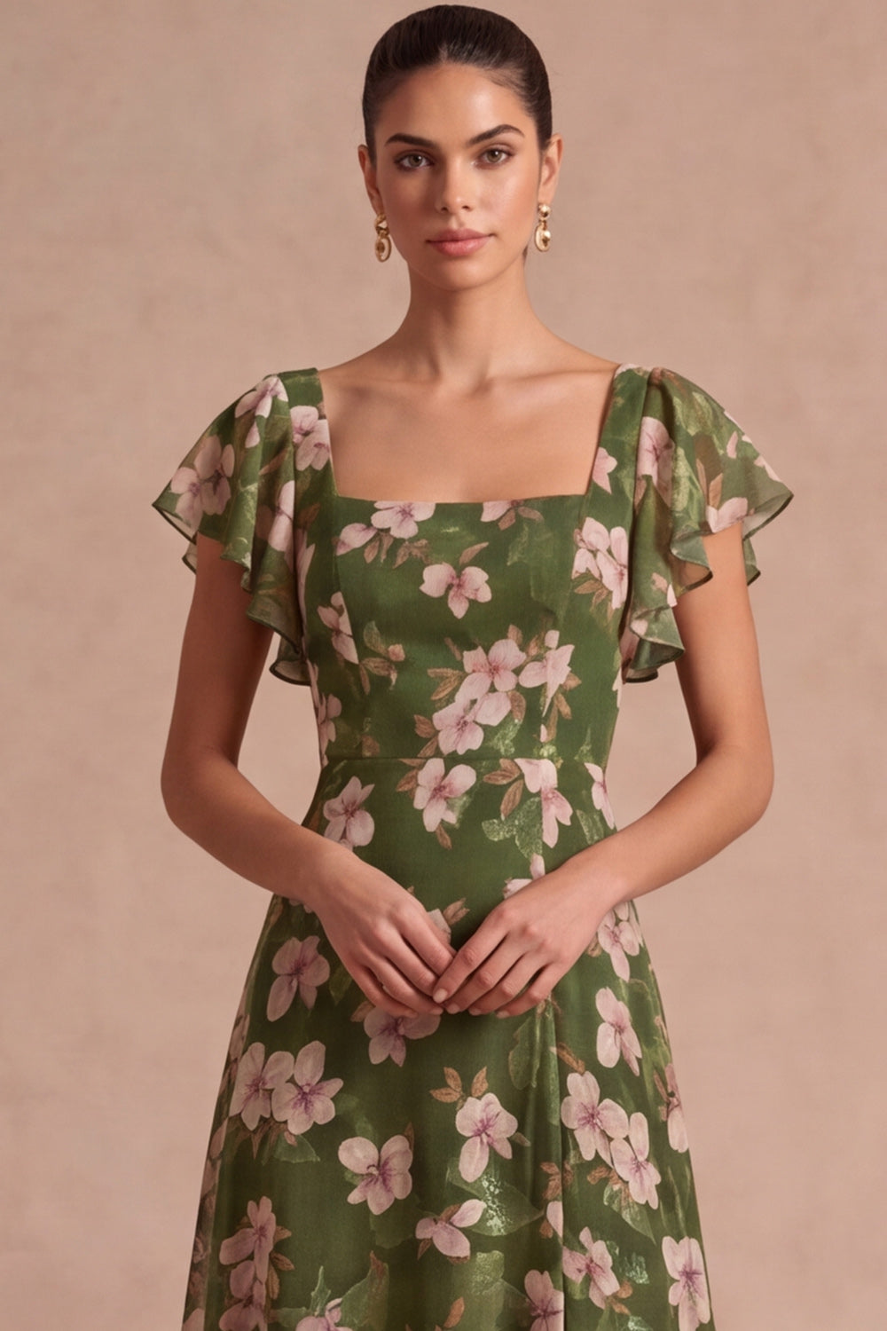 Floral A Line Olive Square Neck Long Wedding Guest Dress