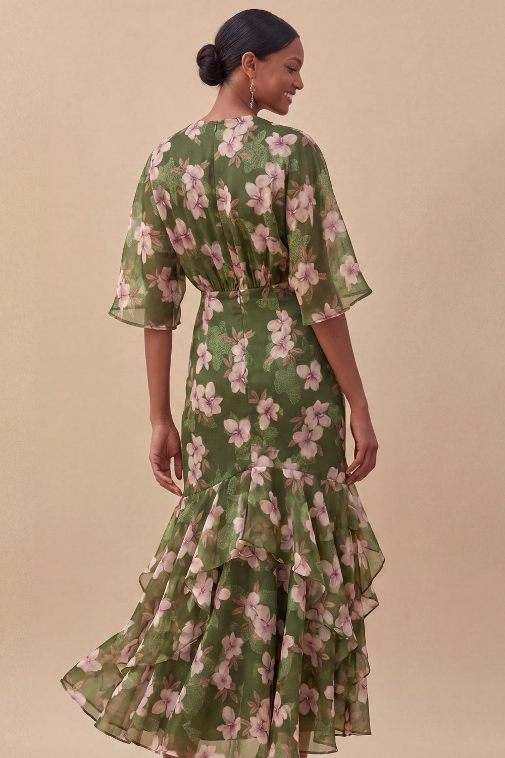 Olive Half Sleeves Mermaid Maxi Floral Wedding Guest Dress with Ruffles