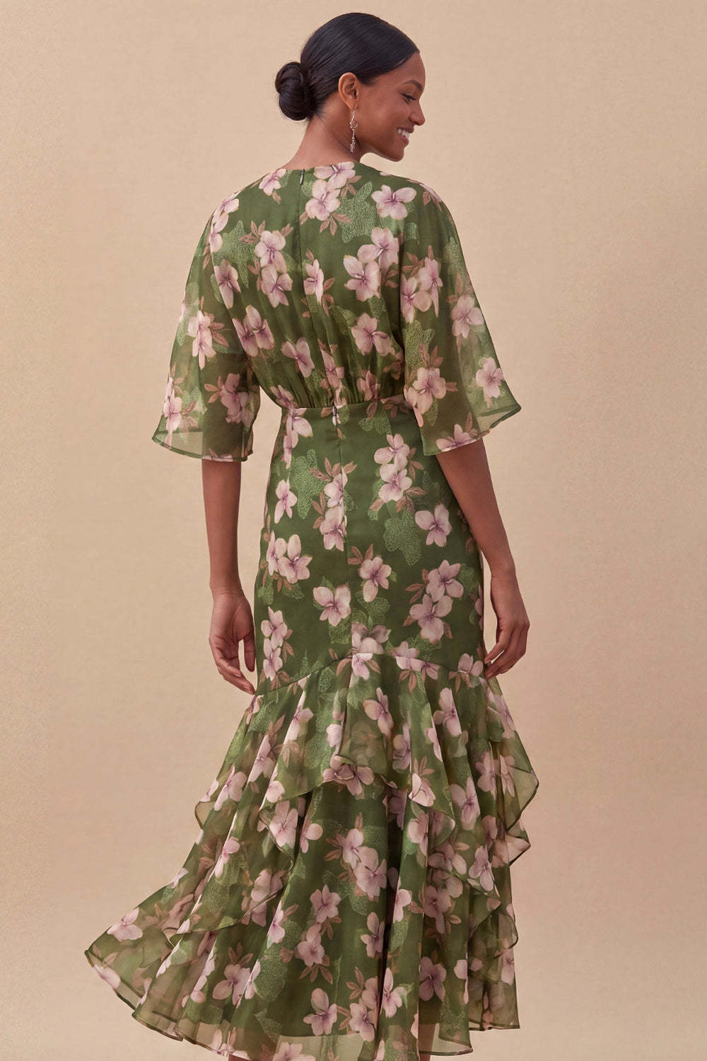 Olive Half Sleeves Mermaid Maxi Floral Wedding Guest Dress with Ruffles