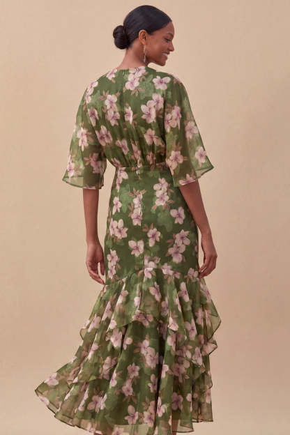 Olive Half Sleeves Mermaid Maxi Floral Wedding Guest Dress with Ruffles