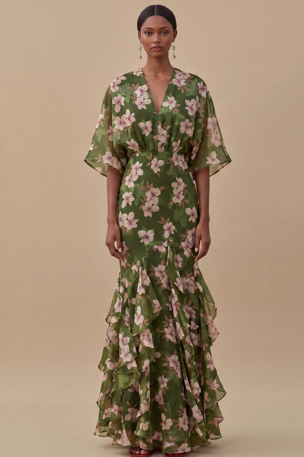 Olive Half Sleeves Mermaid Maxi Floral Wedding Guest Dress with Ruffles