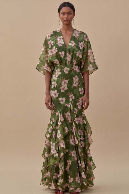 Olive Half Sleeves Mermaid Maxi Floral Wedding Guest Dress with Ruffles