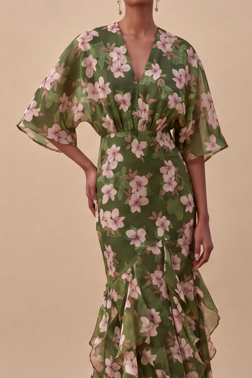 Olive Half Sleeves Mermaid Maxi Floral Wedding Guest Dress with Ruffles