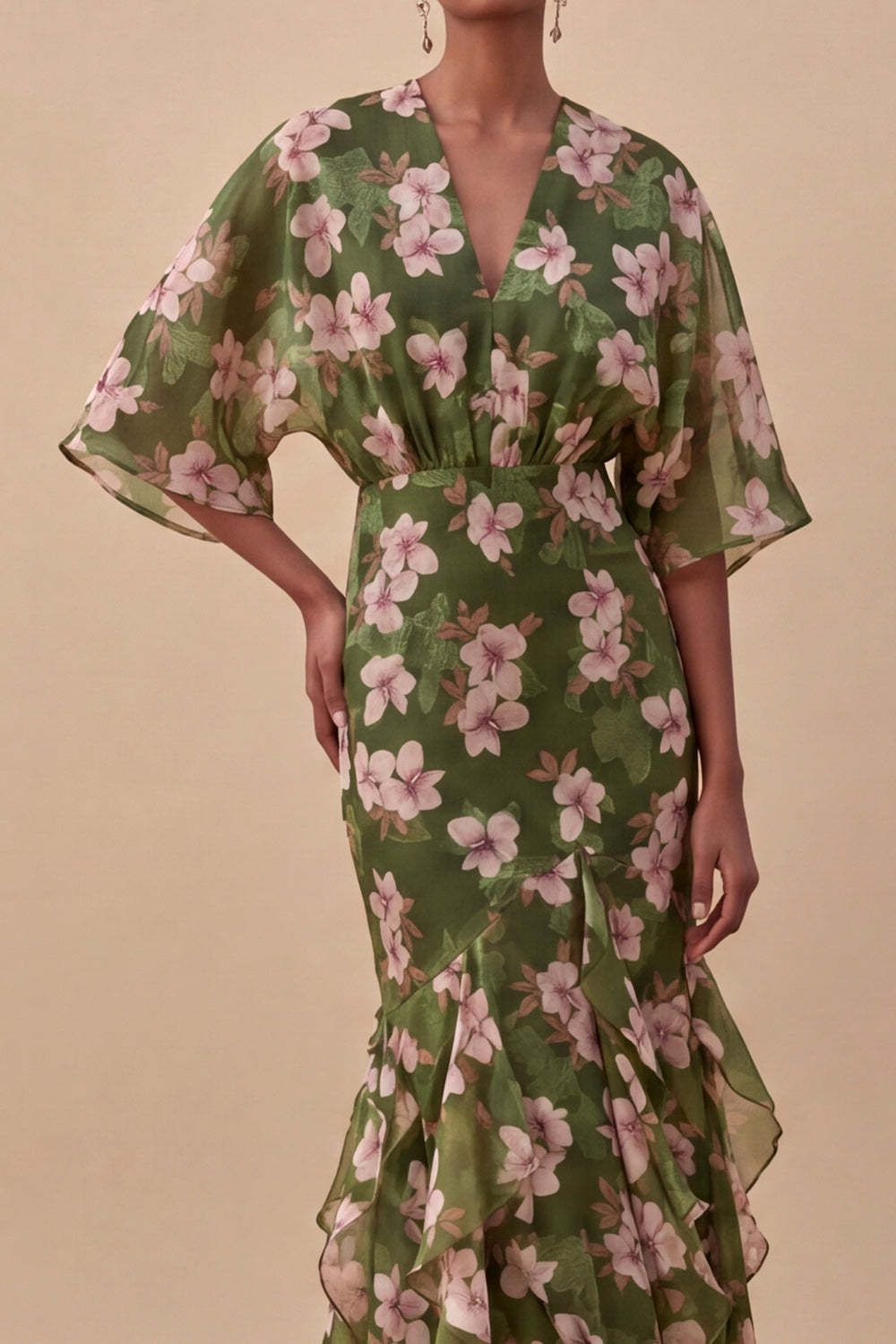 Olive Half Sleeves Mermaid Maxi Floral Wedding Guest Dress with Ruffles
