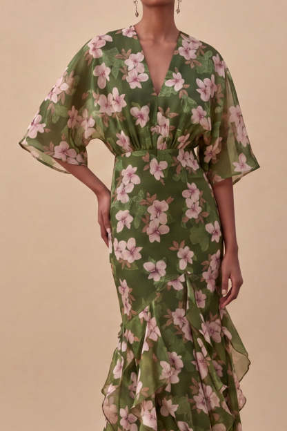 Olive Half Sleeves Mermaid Maxi Floral Wedding Guest Dress with Ruffles