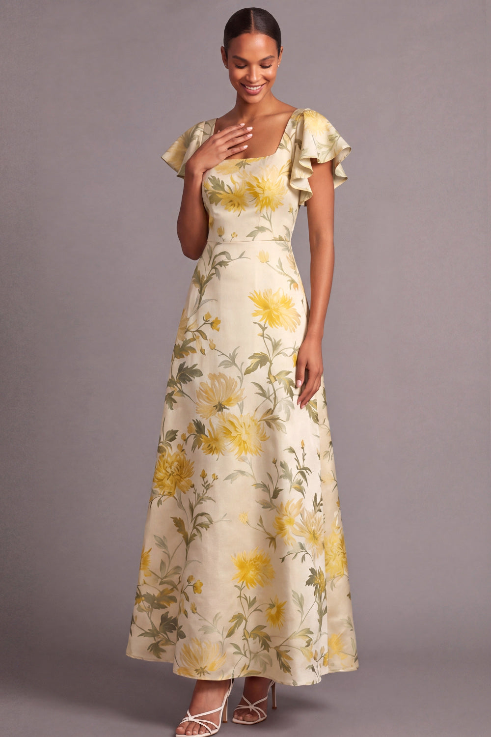 Leely Women A Line Light Yellow Floral Long Wedding Guest Dress Backless Square Neck Garden Party Dress