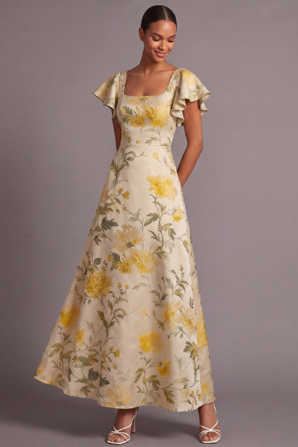 A Line Light Yellow Floral Long Wedding Guest Dress